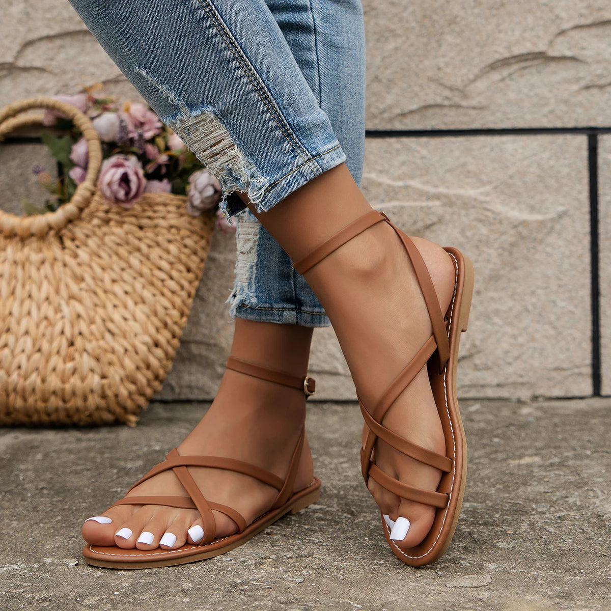 Women’s Casual Roman Sandals – Strappy Summer Flats with Zipper Back for Women